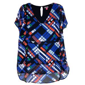 Vince Camuto Women's Tunic Blouse High Low Sheer Lined Vibrant Colors Size M